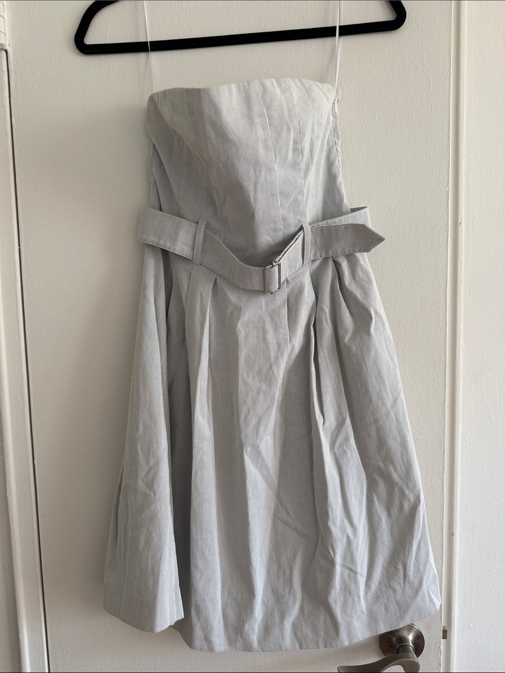 Theory Strapless Light Gray Midi Dress with Belt
